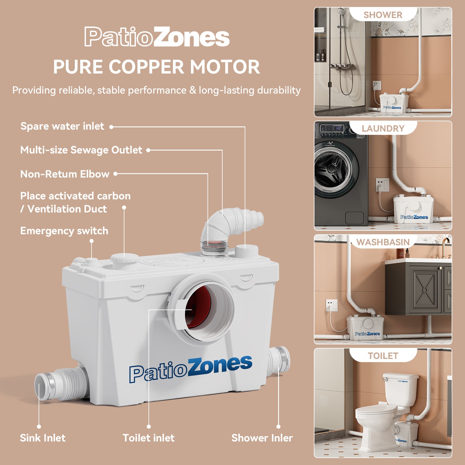 Factory Direct Sales Macerator Toilet with 500W Pump LS-FLO500 PatioZones